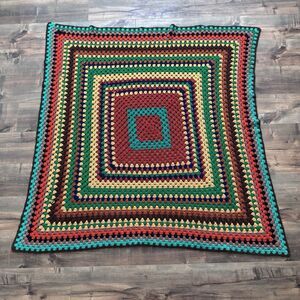 Vintage Handmade Crochet Square Throw Blanket Afghan 50”x50” Brown Green Red